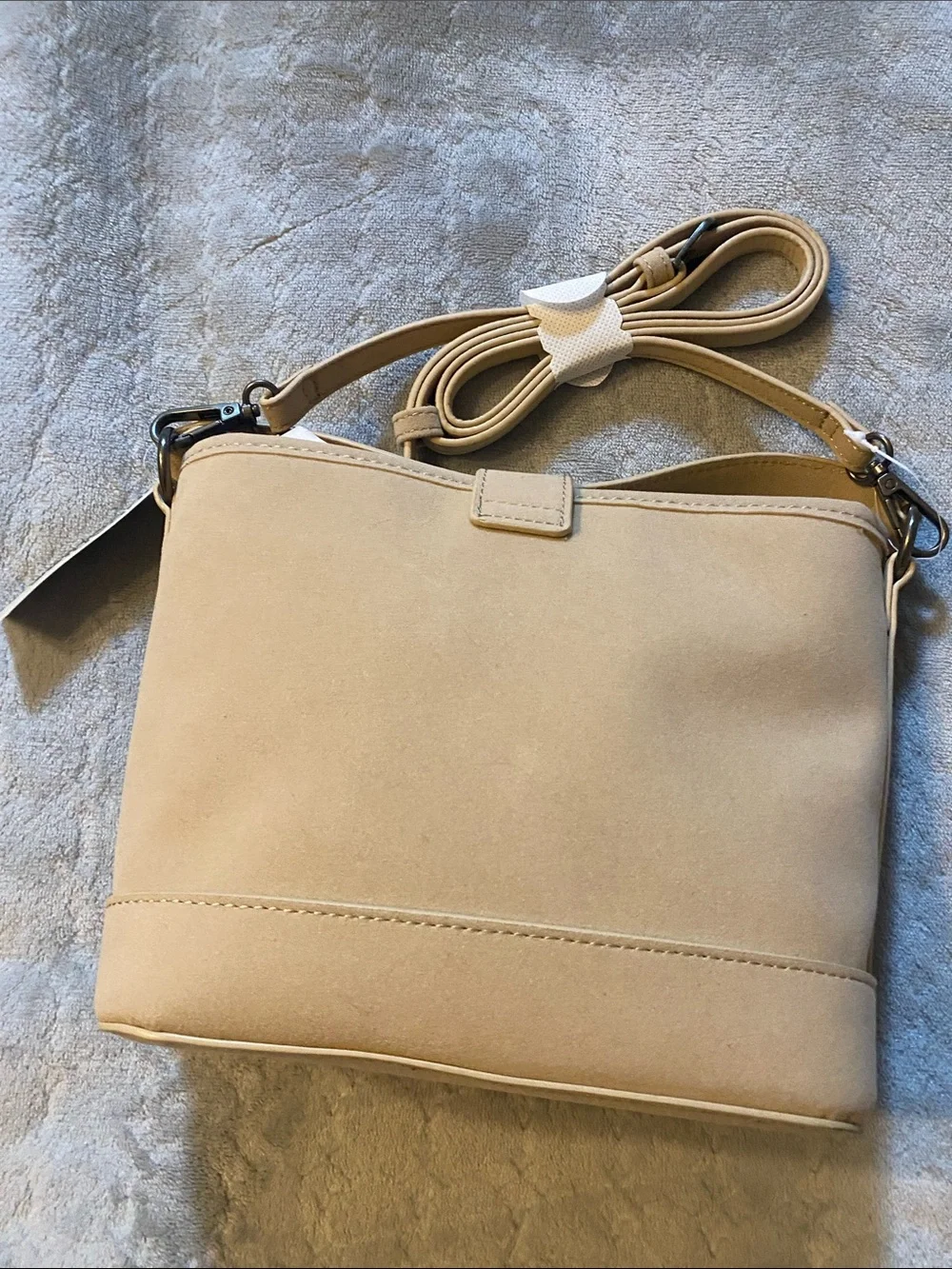 New No Boundaries Stud-Trim Tan Crossbody Bag with Buckle Strap